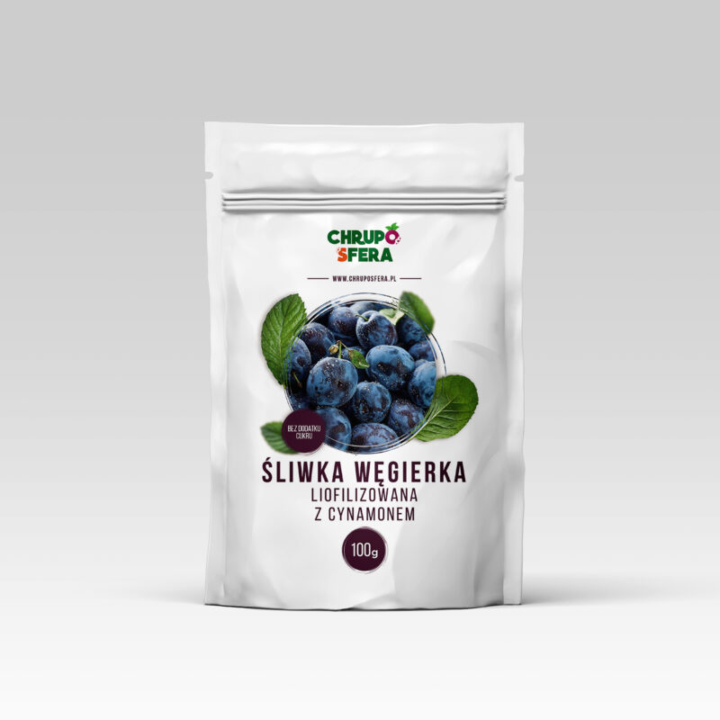 Opakowanie doypack z zamknięciem strunowym z naklejką informacyjną - Śliwka węgierka liofilizowana z cynamonem - 100 g - ChrupoSfera.pl