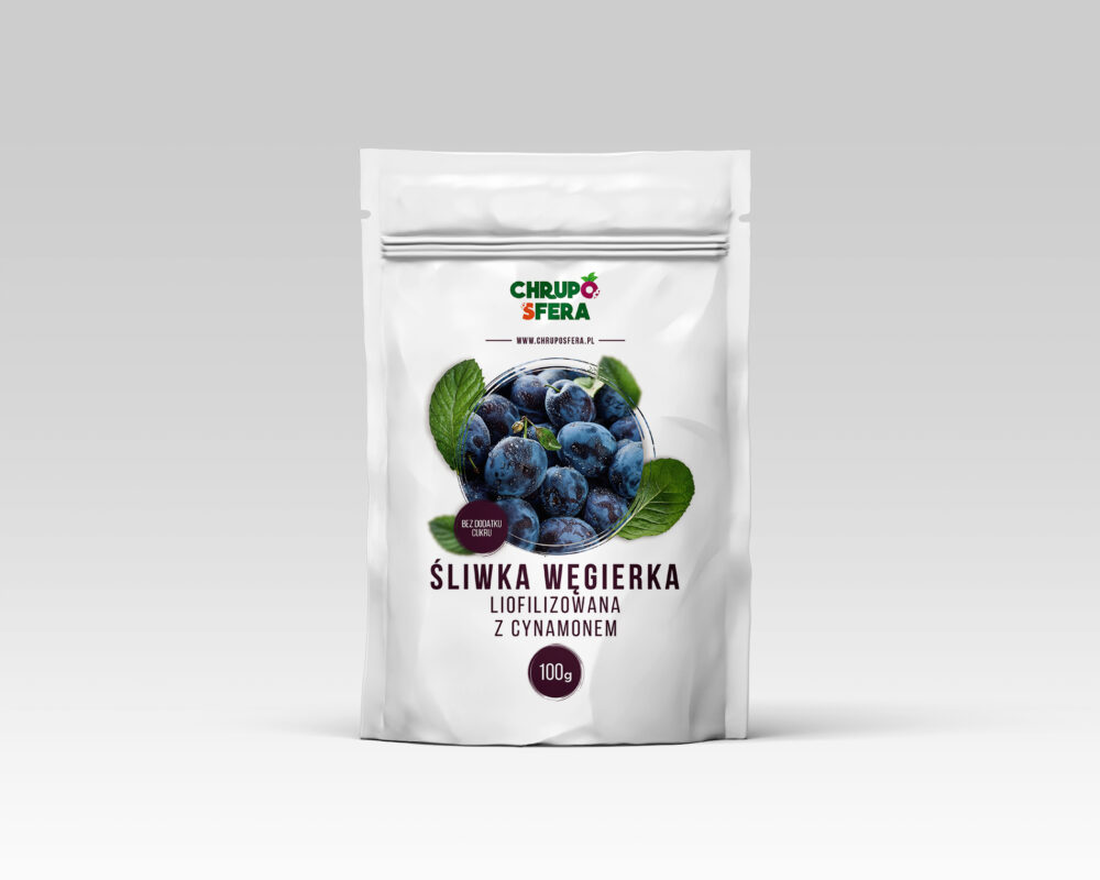 Opakowanie doypack z zamknięciem strunowym z naklejką informacyjną - Śliwka węgierka liofilizowana z cynamonem - 100 g - ChrupoSfera.pl
