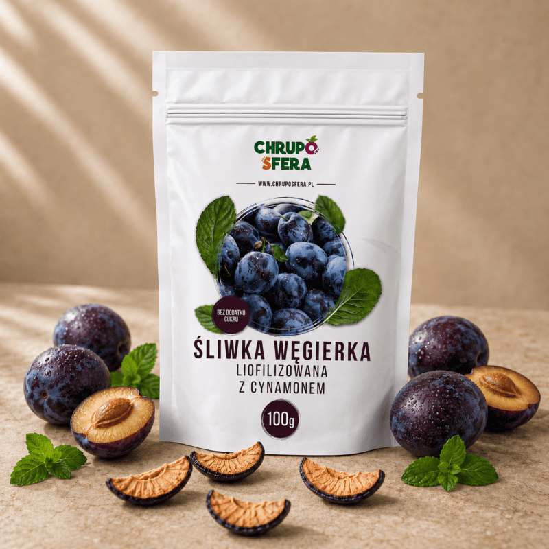 Opakowanie doypack z zamknięciem strunowym z naklejką informacyjną - Śliwka węgierka liofilizowana z cynamonem - 100 g - ChrupoSfera.pl