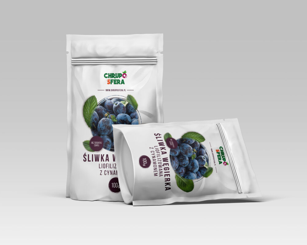 Opakowanie doypack z zamknięciem strunowym z naklejką informacyjną - Śliwka węgierka liofilizowana z cynamonem - 100 g - ChrupoSfera.pl