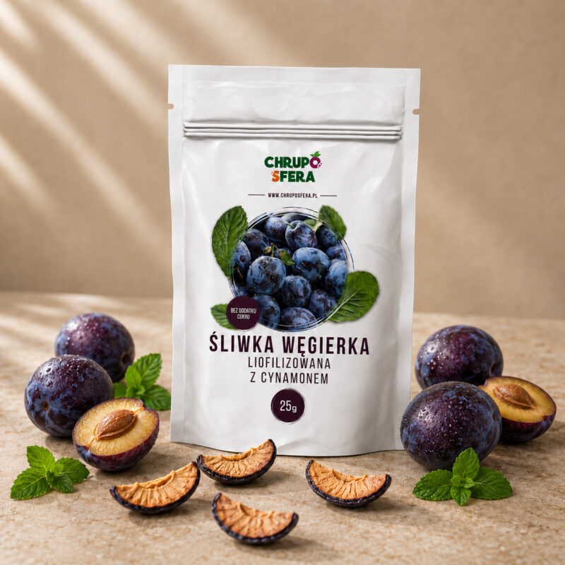 Śliwka węgierka liofilizowana z cynamonem 25 g w otoczeniu świeżych śliwek – ChrupoSfera