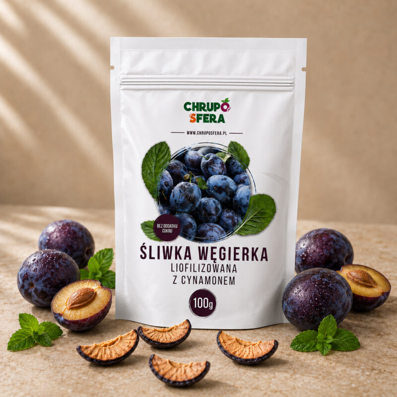Opakowanie doypack z zamknięciem strunowym z naklejką informacyjną - Śliwka węgierka liofilizowana z cynamonem - 100 g - ChrupoSfera.pl