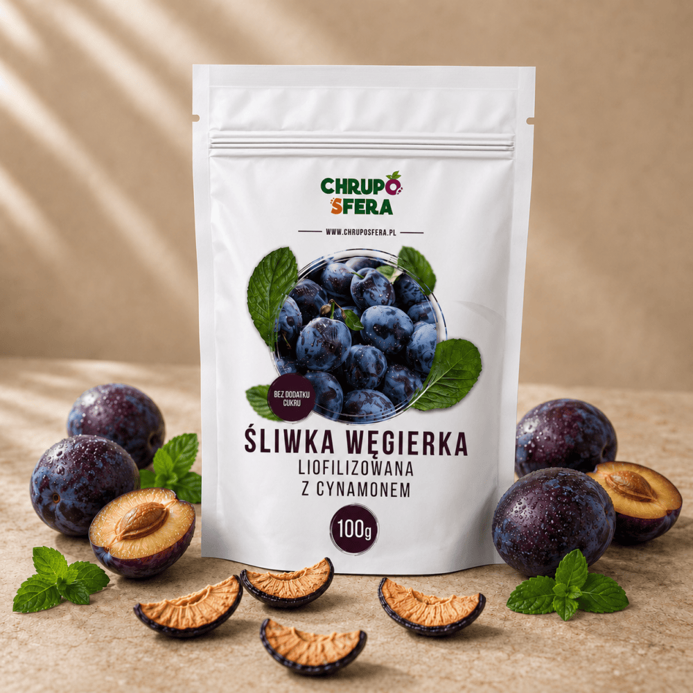Sliwka-wegierka-liofilizowana-z-cynamonem-100-g-01 Opakowanie doypack z zamknięciem strunowym z naklejką informacyjną - Śliwka węgierka liofilizowana z cynamonem - 100 g - ChrupoSfera.pl