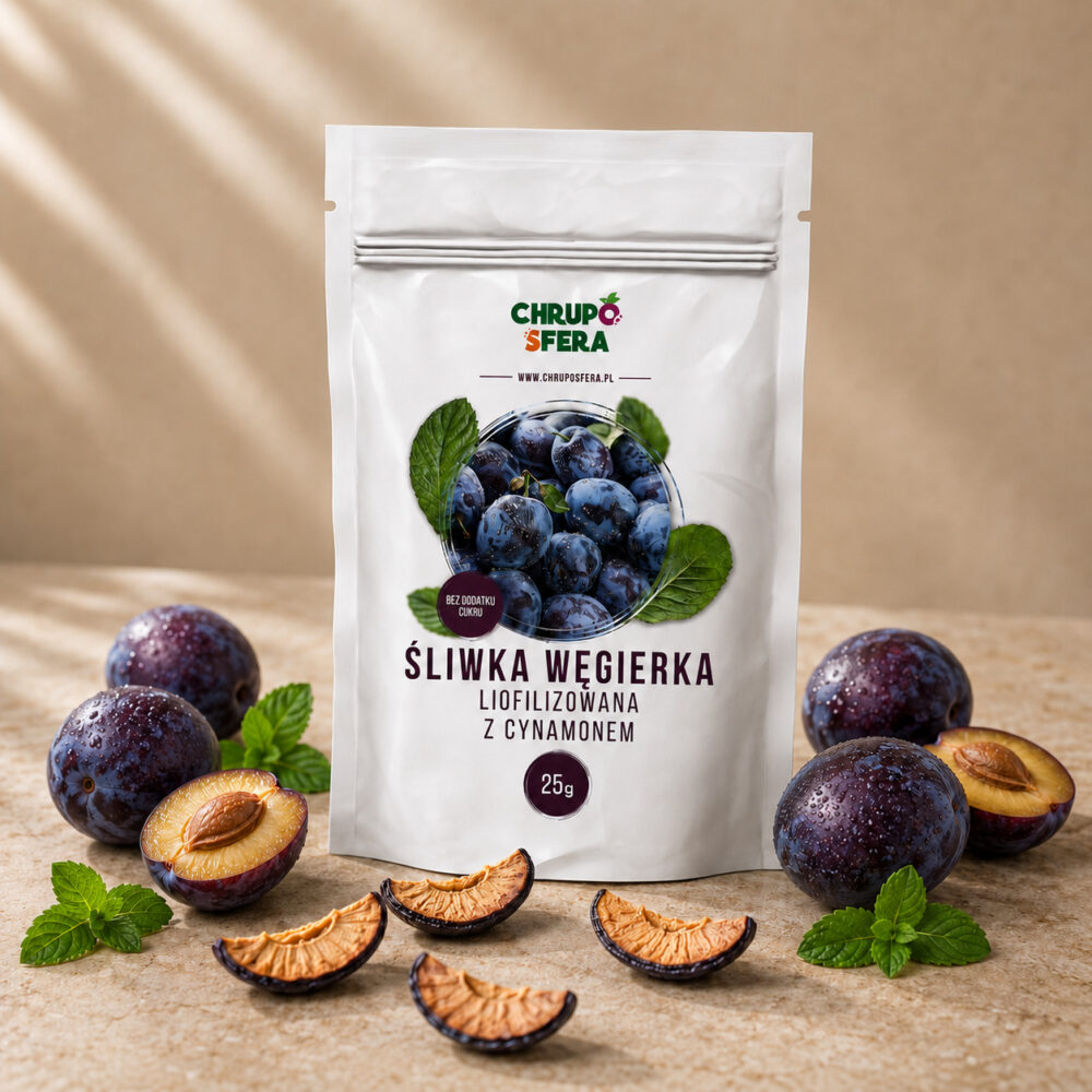 Śliwka węgierka liofilizowana z cynamonem 25 g – ChrupoSfera Śliwka węgierka liofilizowana z cynamonem 25 g w otoczeniu świeżych śliwek – ChrupoSfera