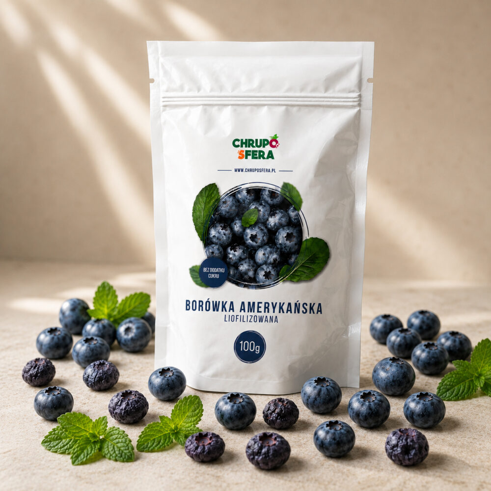 Borówka amerykańska liofilizowana 100 g w otoczeniu świeżych jagód – ChrupoSfera
