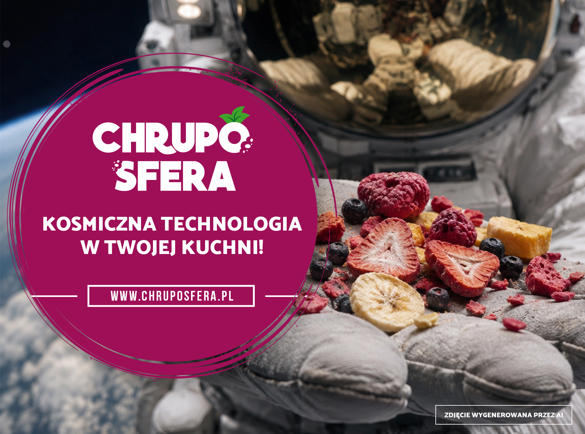 Reklama marki "Chrupo Sfera" w kosmicznym stylu. Astronauta trzyma w ręku chrupiące, suszone owoce (truskawki, banany, jagody). Po lewej duże purpurowe koło z białym logo "CHRUPO SFERA" i hasłem "CZAS NA REWOLUCJĘ W ŚNIADANIÓWCE!" oraz adresem WWW.CHRUPOSFERA.PL. W dole dopisek o generacji zdjęcia przez AI.