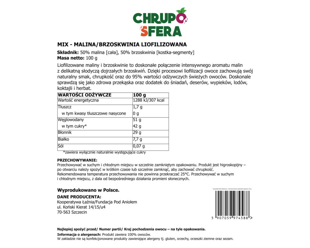 Tył opakowania liofilizowanej maliny i brzoskwini 100 g z tabelą wartości odżywczych – ChrupoSfera