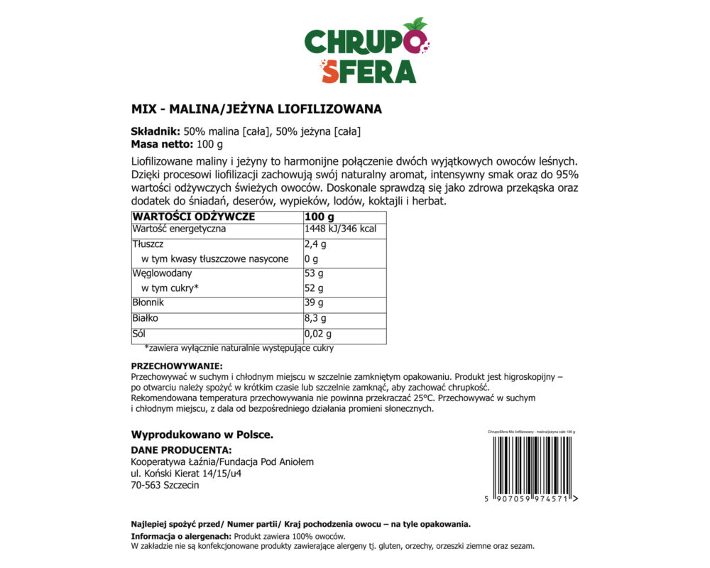 Tył opakowania liofilizowanej maliny i jeżyny 100 g z tabelą wartości odżywczych – ChrupoSfera