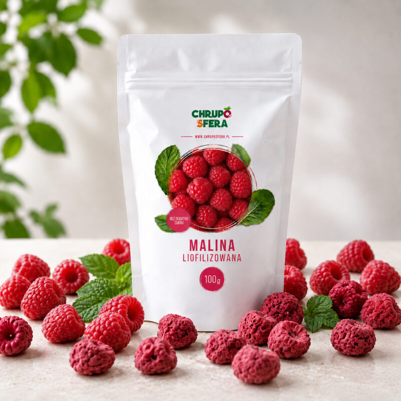 Malina-liofilizowana-100-g-01 Opakowanie doypack z zamknięciem strunowym z naklejką informacyjną - Malina Liofilizowana 100 g- ChrupoSfera.pl
