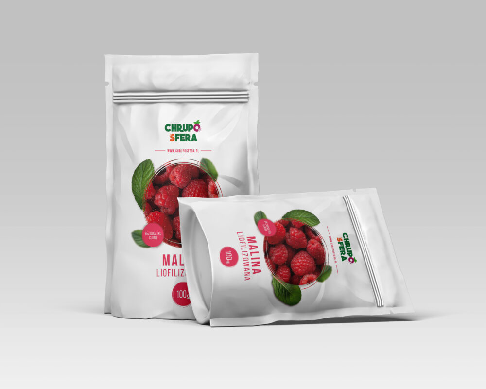 Opakowanie doypack z zamknięciem strunowym z naklejką informacyjną - Malina Liofilizowana 100 g- ChrupoSfera.pl