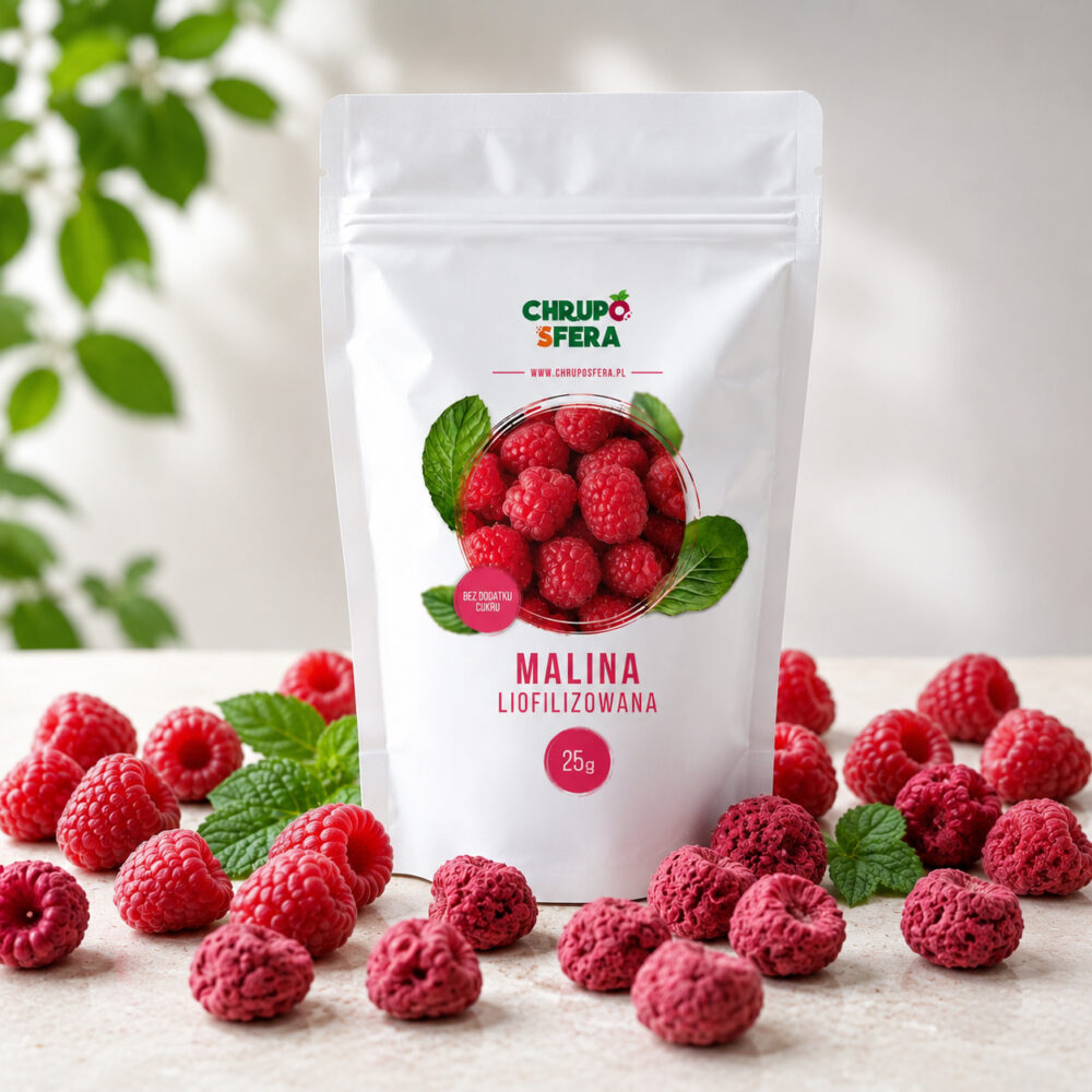 Malina liofilizowana 25 g w otoczeniu świeżych malin – ChrupoSfera