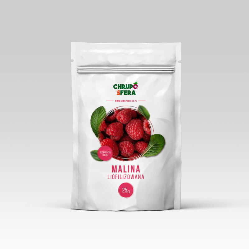 Opakowanie doypack z zamknięciem strunowym z naklejką informacyjną - Malina Liofilizowana 25 g- ChrupoSfera.pl