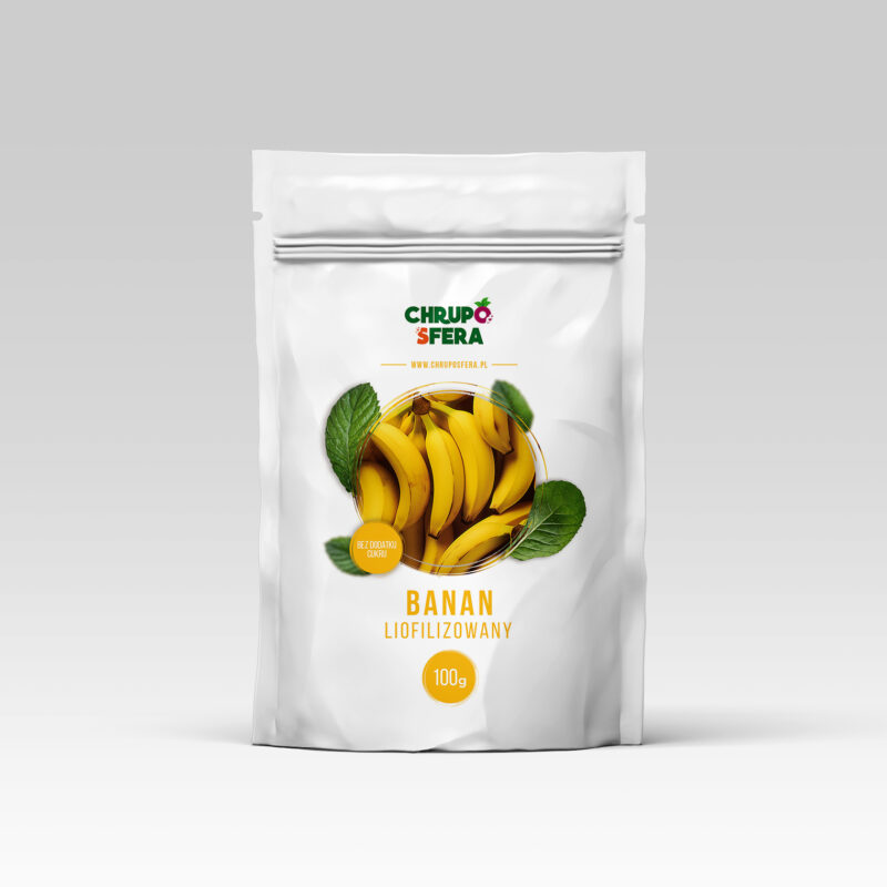 Opakowanie doypack z zamknięciem strunowym z naklejką informacyjną - Banan Liofilizowany 100 g- ChrupoSfera.pl