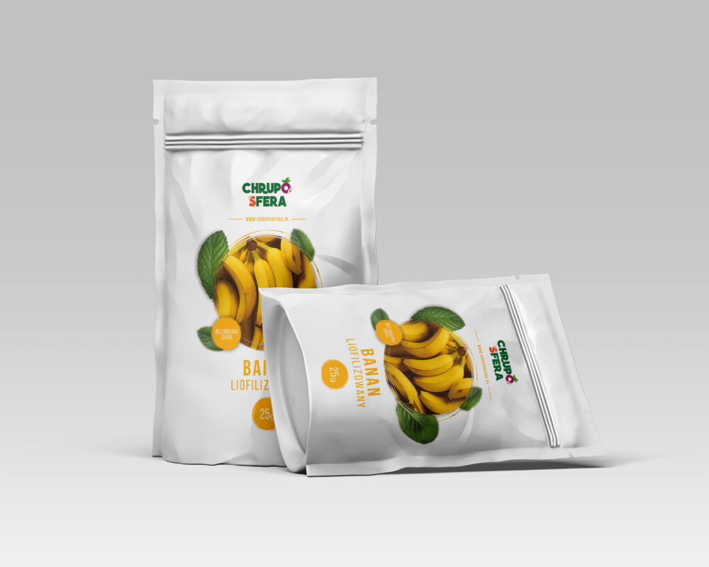 Opakowanie doypack z zamknięciem strunowym z naklejką informacyjną - Banan Liofilizowany 25 g- ChrupoSfera.pl