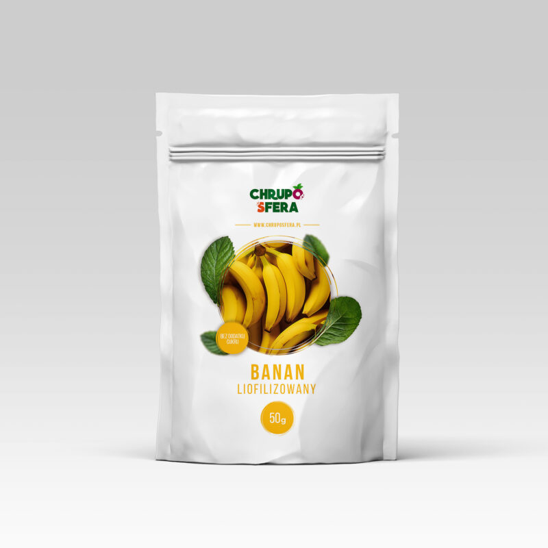 Opakowanie doypack z zamknięciem strunowym z naklejką informacyjną - Banan Liofilizowany 50 g- ChrupoSfera.pl