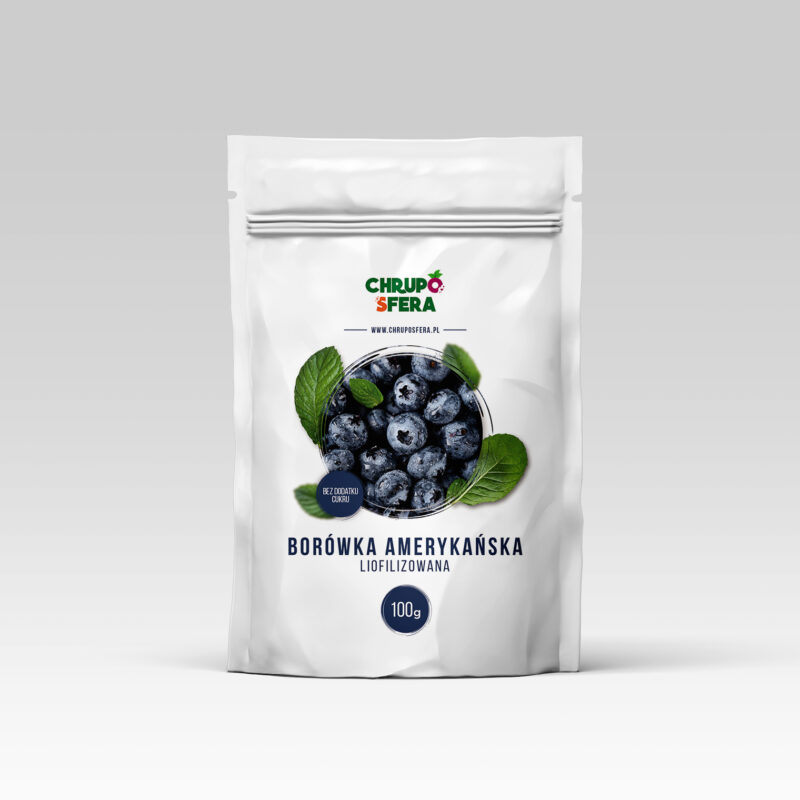 Opakowanie doypack z zamknięciem strunowym z naklejką informacyjną - Borówka Amerykańska Liofilizowana 100 g- ChrupoSfera.pl