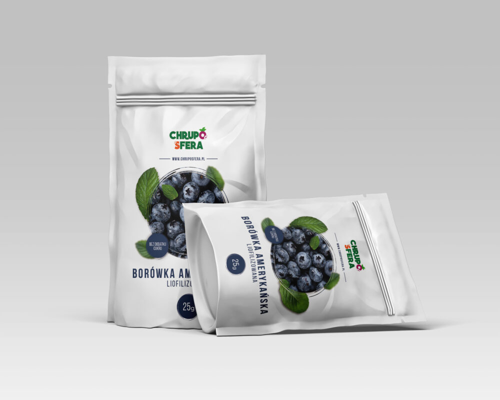 Opakowanie doypack z zamknięciem strunowym z naklejką informacyjną - Borówka Amerykańska Liofilizowana 25 g- ChrupoSfera.pl