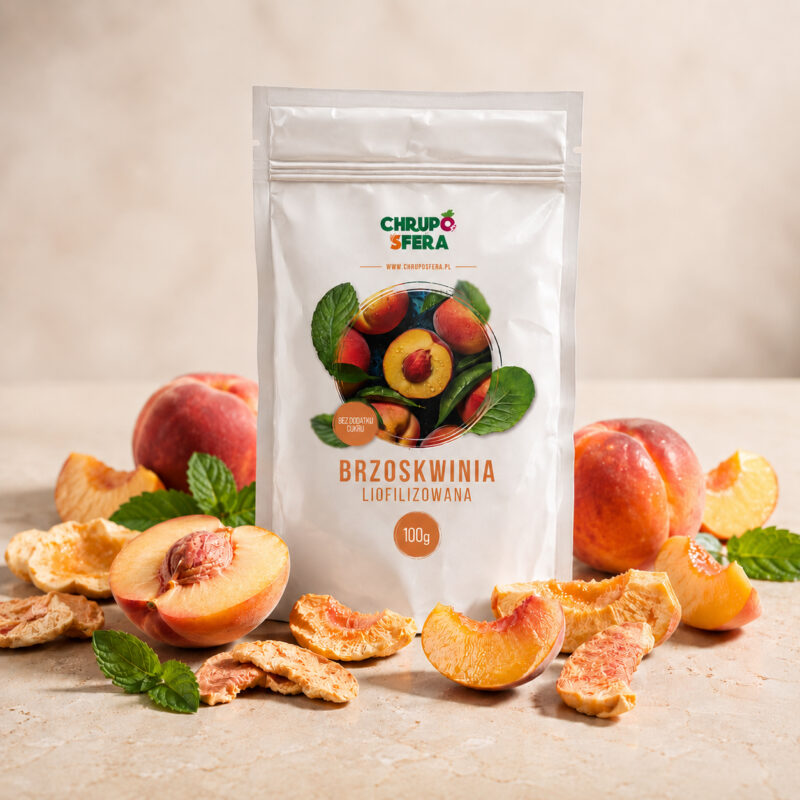 Brzoskwinia liofilizowana 100 g w otoczeniu świeżych brzoskwiń – ChrupoSfera