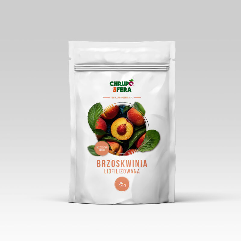 Opakowanie doypack z zamknięciem strunowym z naklejką informacyjną - Brzoskwinia Liofilizowana 25 g- ChrupoSfera.pl