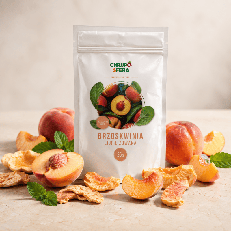 Opakowanie doypack z zamknięciem strunowym z naklejką informacyjną - Brzoskwinia Liofilizowana 25 g- ChrupoSfera.pl