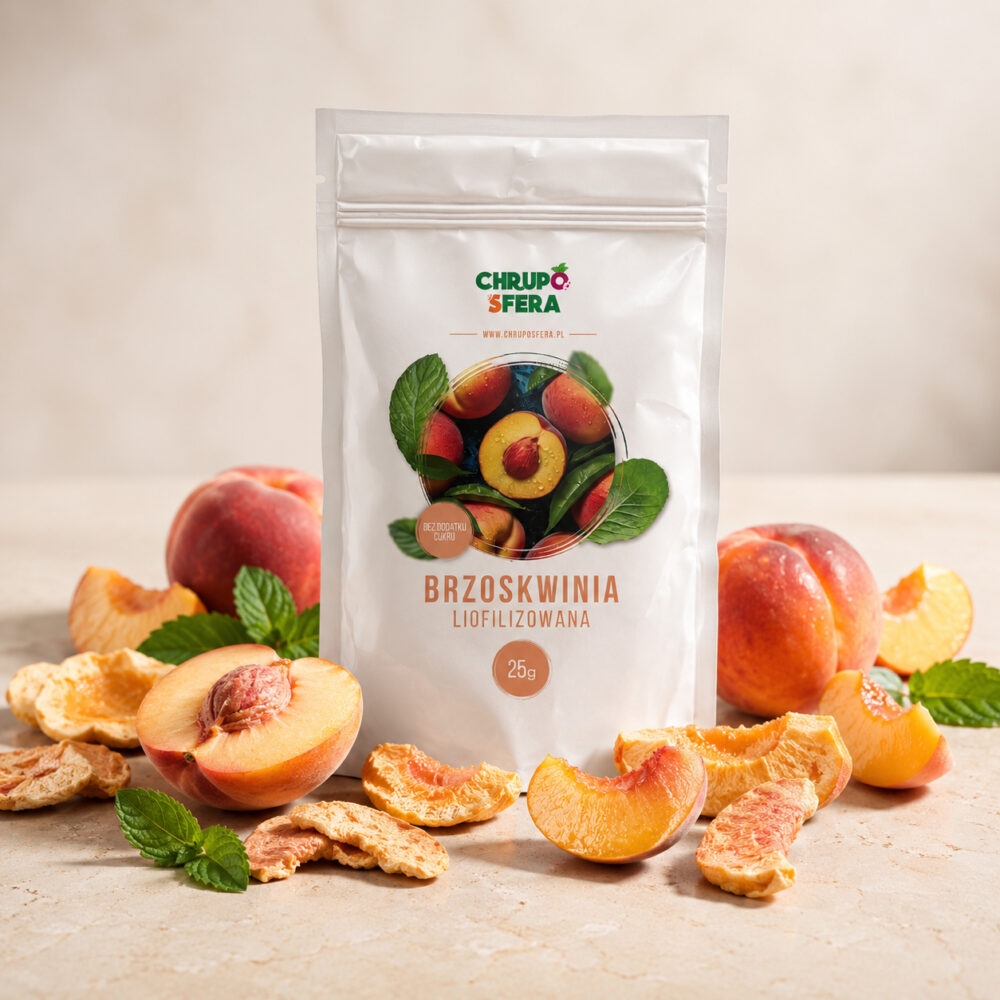 Brzoskwinia liofilizowana 25 g w otoczeniu świeżych brzoskwiń – ChrupoSfera