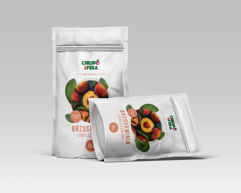 Opakowanie doypack z zamknięciem strunowym z naklejką informacyjną - Brzoskwinia Liofilizowana 50 g- ChrupoSfera.pl