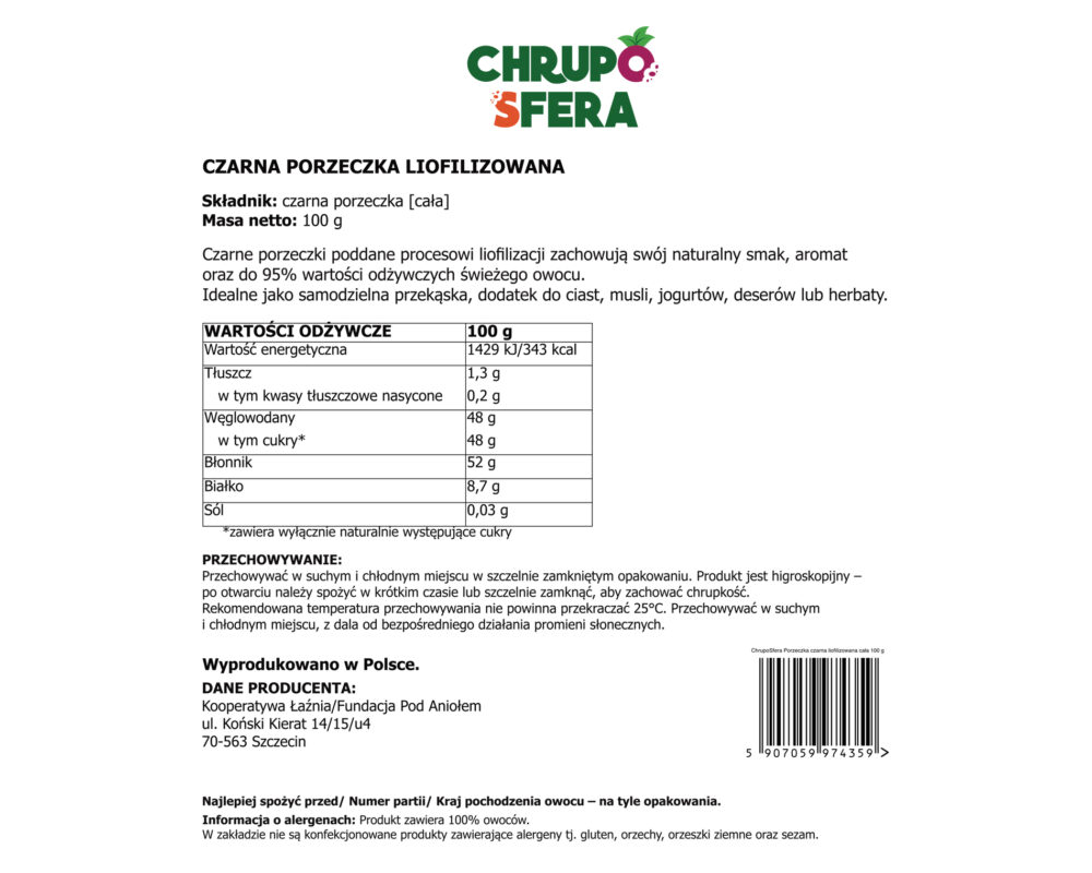 Tył opakowania liofilizowanej czarnej porzeczki 100 g z tabelą wartości odżywczych – ChrupoSfera
