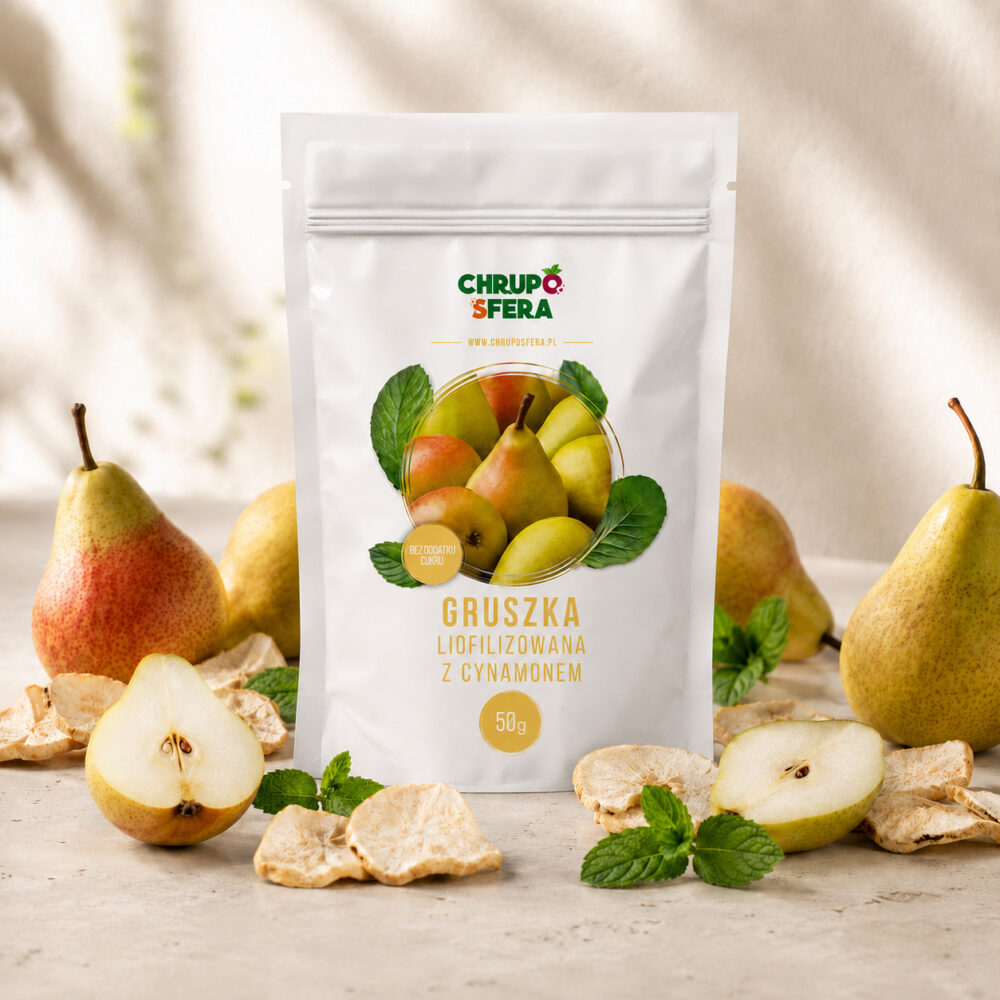 Gruszka liofilizowana z cynamonem 50 g w otoczeniu świeżych gruszek – ChrupoSfera