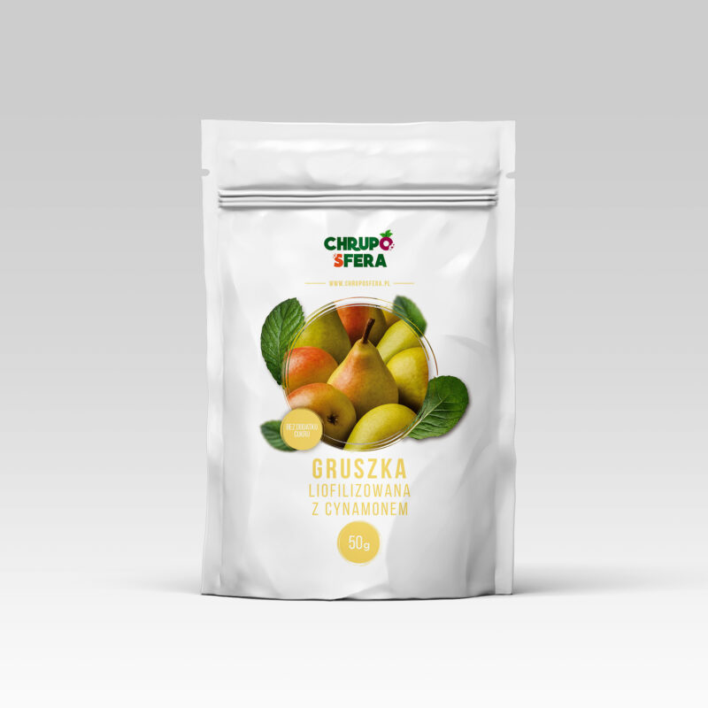Gruszka-liofilizowana-z-cynamonem-50-g---01 Opakowanie doypack z zamknięciem strunowym z naklejką informacyjną - Gruszka Liofilizowana z Cynamonem 50 g- ChrupoSfera.pl