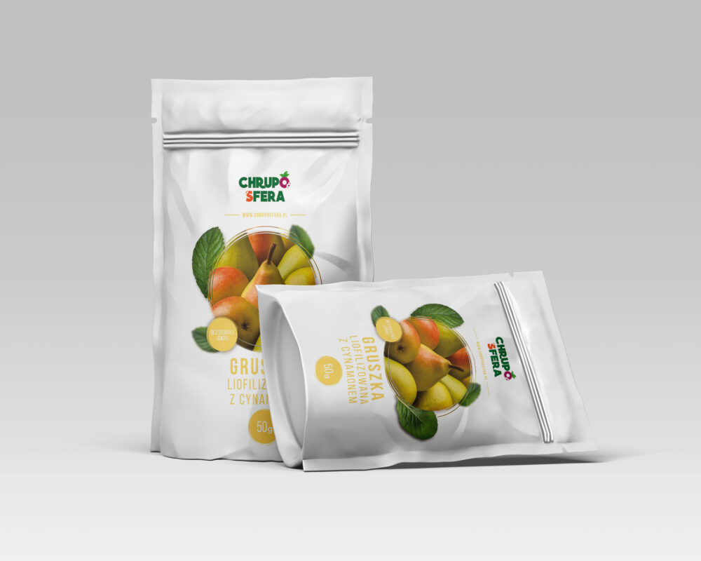 Opakowanie doypack z zamknięciem strunowym z naklejką informacyjną - Gruszka Liofilizowana z Cynamonem 50 g- ChrupoSfera.pl