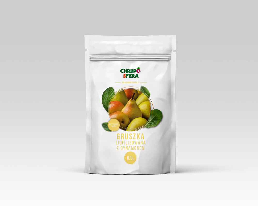 Opakowanie doypack z zamknięciem strunowym z naklejką informacyjną - Gruszka Liofilizowana z Cynamonem 100 g- ChrupoSfera.pl