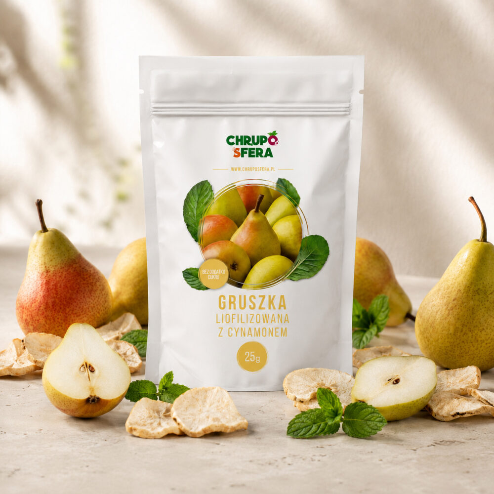 Gruszka liofilizowana z cynamonem 25 g – ChrupoSfera Gruszka liofilizowana z cynamonem 25 g w otoczeniu świeżych gruszek – ChrupoSfera