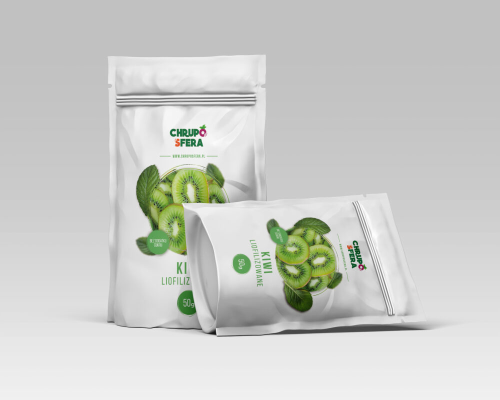 Opakowanie doypack z zamknięciem strunowym z naklejką informacyjną - Kiwi Liofilizowane 50 g- ChrupoSfera.pl