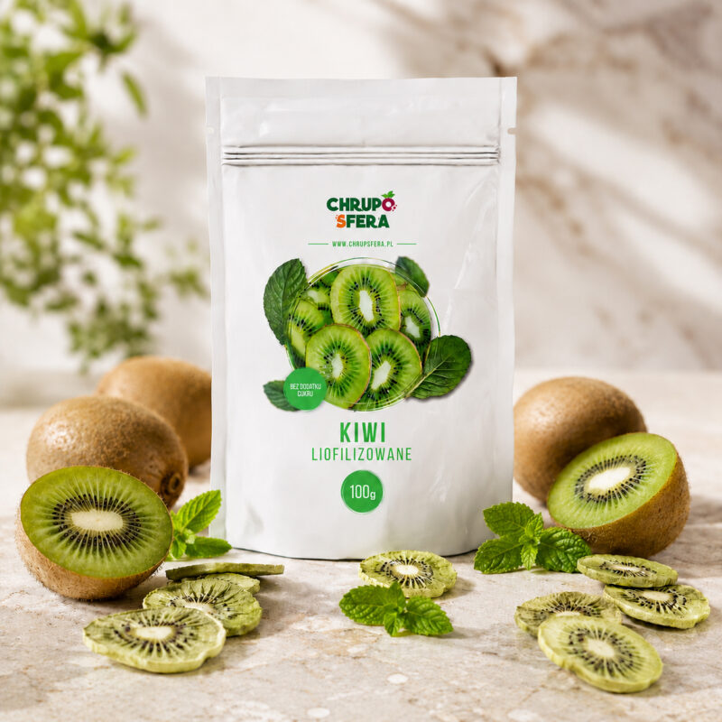 Opakowanie doypack z zamknięciem strunowym z naklejką informacyjną - Kiwi Liofilizowane 100 g- ChrupoSfera.pl