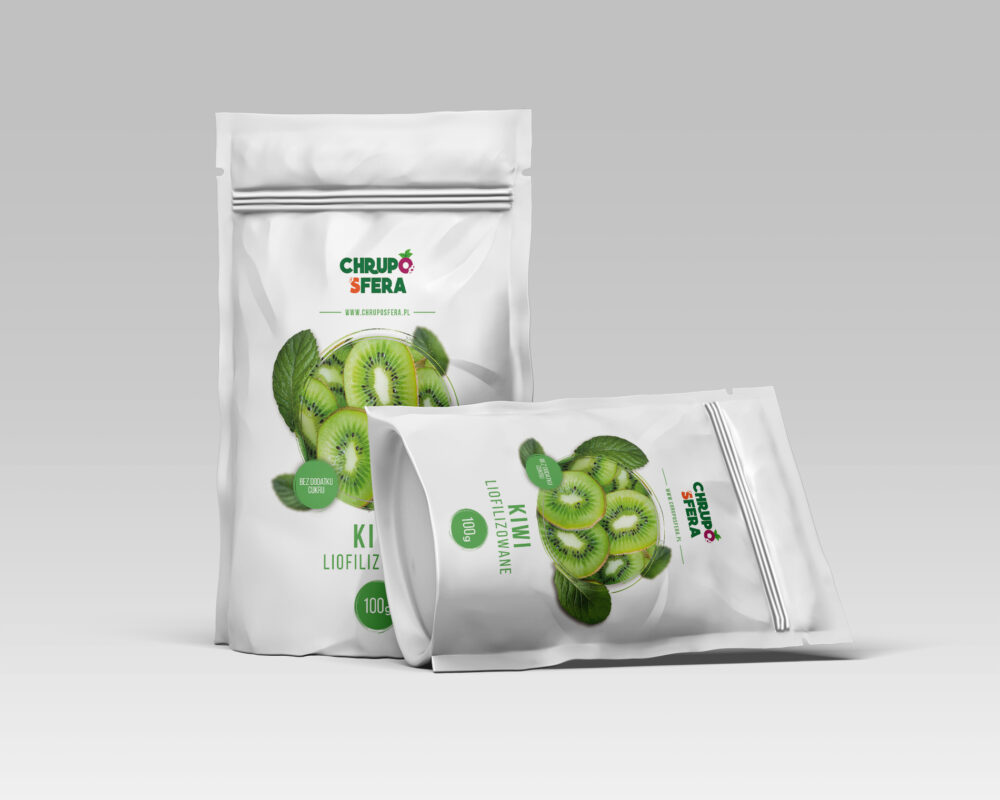 Opakowanie doypack z zamknięciem strunowym z naklejką informacyjną - Kiwi Liofilizowane 100 g- ChrupoSfera.pl