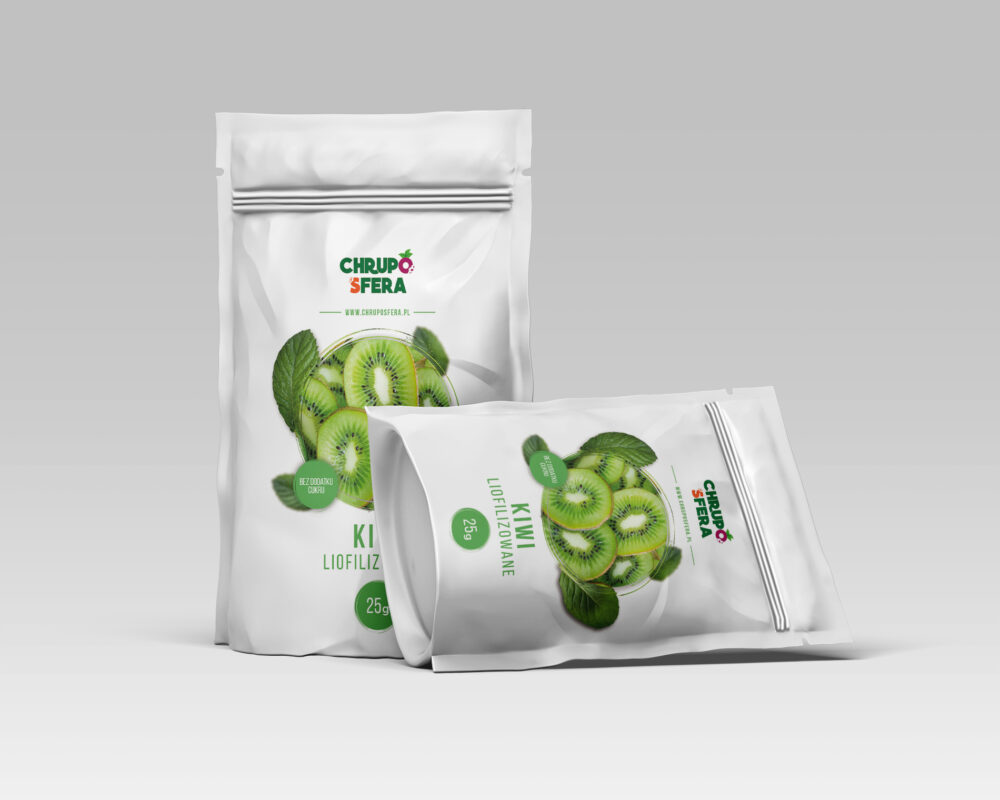 Opakowanie doypack z zamknięciem strunowym z naklejką informacyjną - Kiwi Liofilizowane 25 g- ChrupoSfera.pl