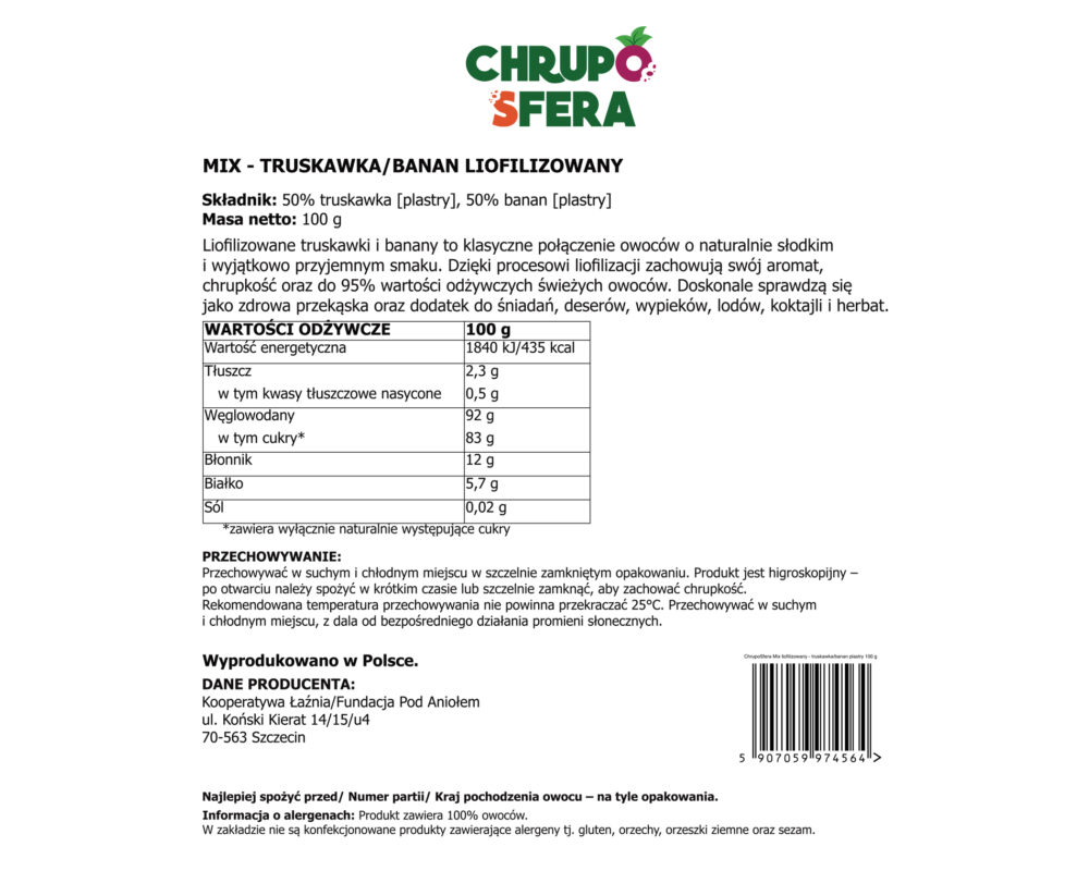 Tył opakowania liofilizowanej truskawki i banana 100 g z tabelą wartości odżywczych – ChrupoSfera