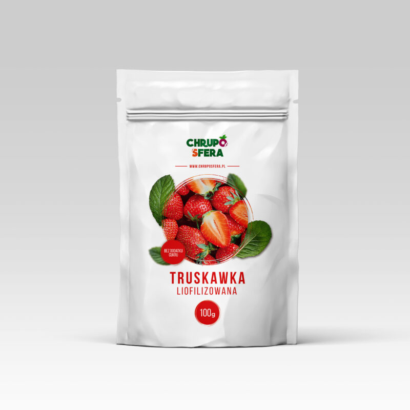 Truskawka-liofilizowana-100-g---01 Opakowanie doypack z zamknięciem strunowym z naklejką informacyjną - Truskawka Liofilizowana 100 g- ChrupoSfera.pl