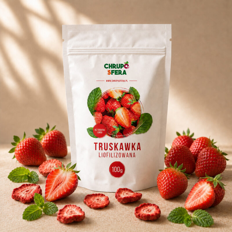 Truskawka liofilizowana 100 g w otoczeniu świeżych truskawek – ChrupoSfera