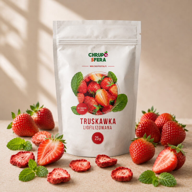 Opakowanie doypack z zamknięciem strunowym z naklejką informacyjną - Truskawka Liofilizowana 25 g- ChrupoSfera.pl