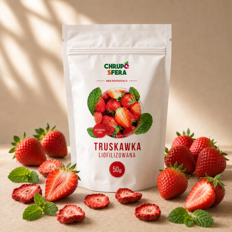 Opakowanie doypack z zamknięciem strunowym z naklejką informacyjną - Truskawka Liofilizowana 50 g- ChrupoSfera.pl