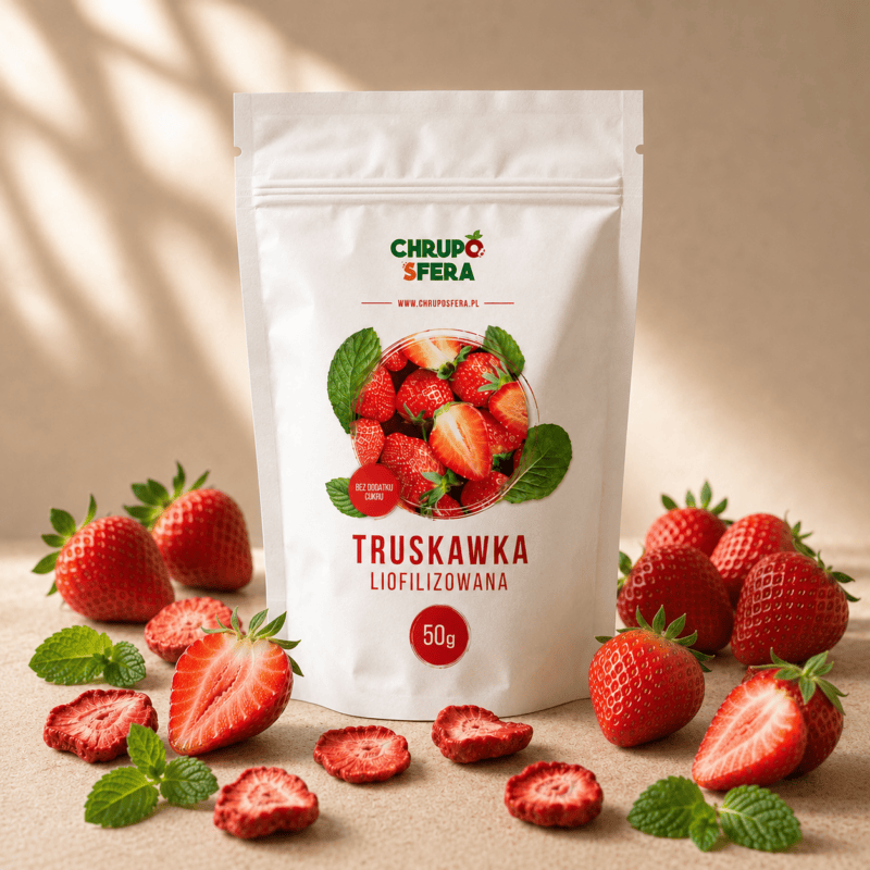 Opakowanie doypack z zamknięciem strunowym z naklejką informacyjną - Truskawka Liofilizowana 50 g- ChrupoSfera.pl