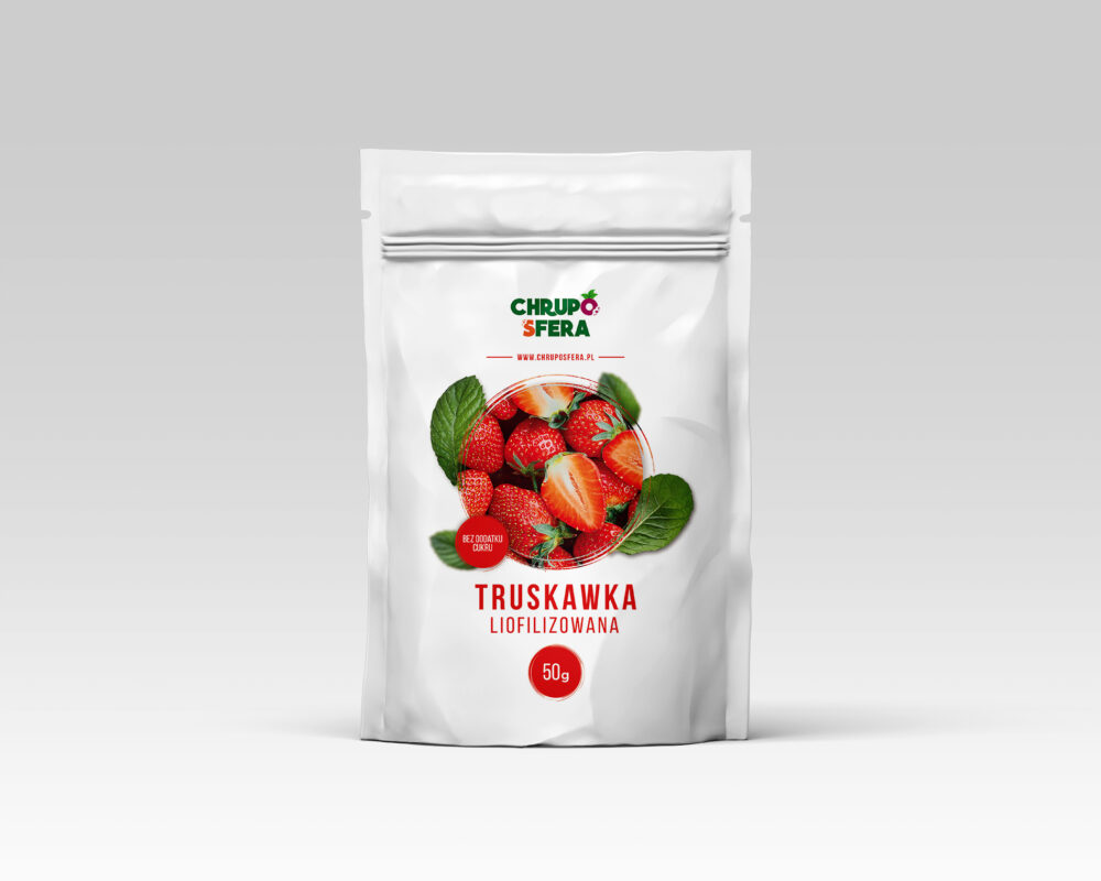 Truskawka-liofilizowana-50-g---01 Opakowanie doypack z zamknięciem strunowym z naklejką informacyjną - Truskawka Liofilizowana 50 g- ChrupoSfera.pl